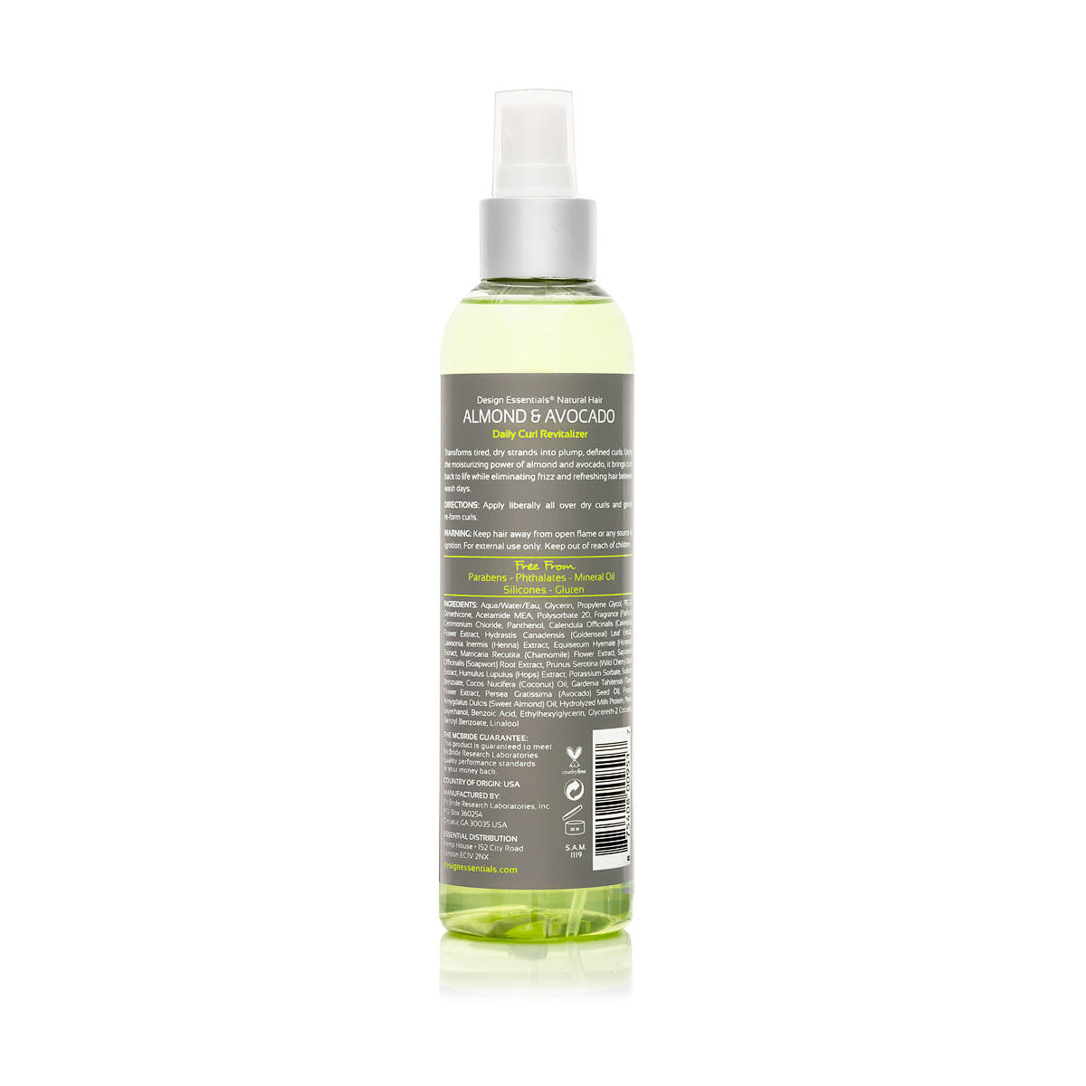 Back label of 8oz bottle of Design Essentials Almond & Avocado Daily Curl Revitalizer with ingredient list and application instructions.