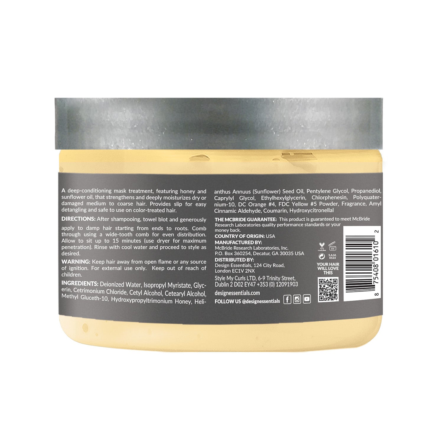 Image of the back label of Design Essentials Honey Crème Moisture Retention Masque 12 oz jar, a silicone-free deep-conditioning treatment infused with honey and sunflower oil to enhance softness, shine, and detangling for medium to coarse hair.
