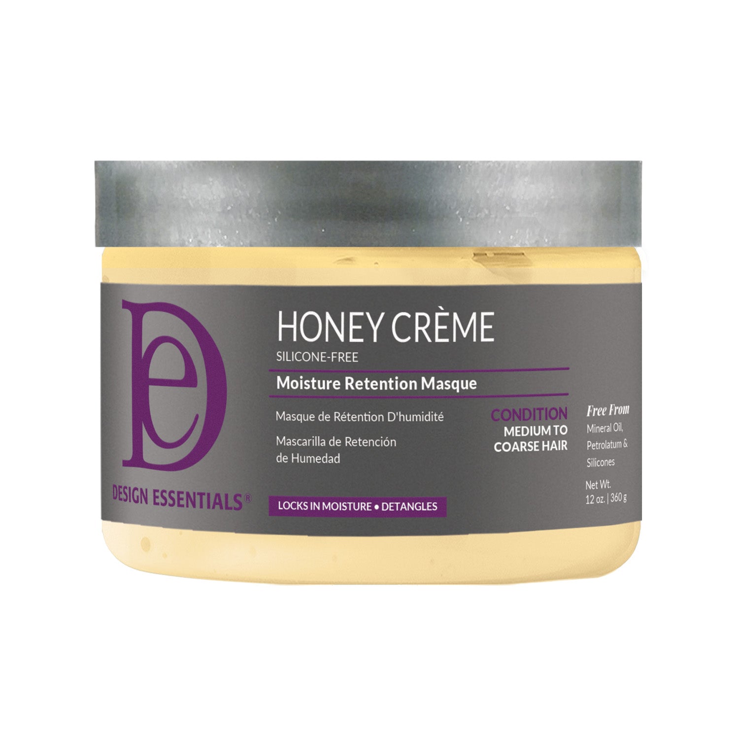 Image of the front label of Design Essentials Honey Crème Moisture Retention Masque 12 oz jar, a silicone-free deep-conditioning treatment infused with honey and sunflower oil to enhance softness, shine, and detangling for medium to coarse hair.