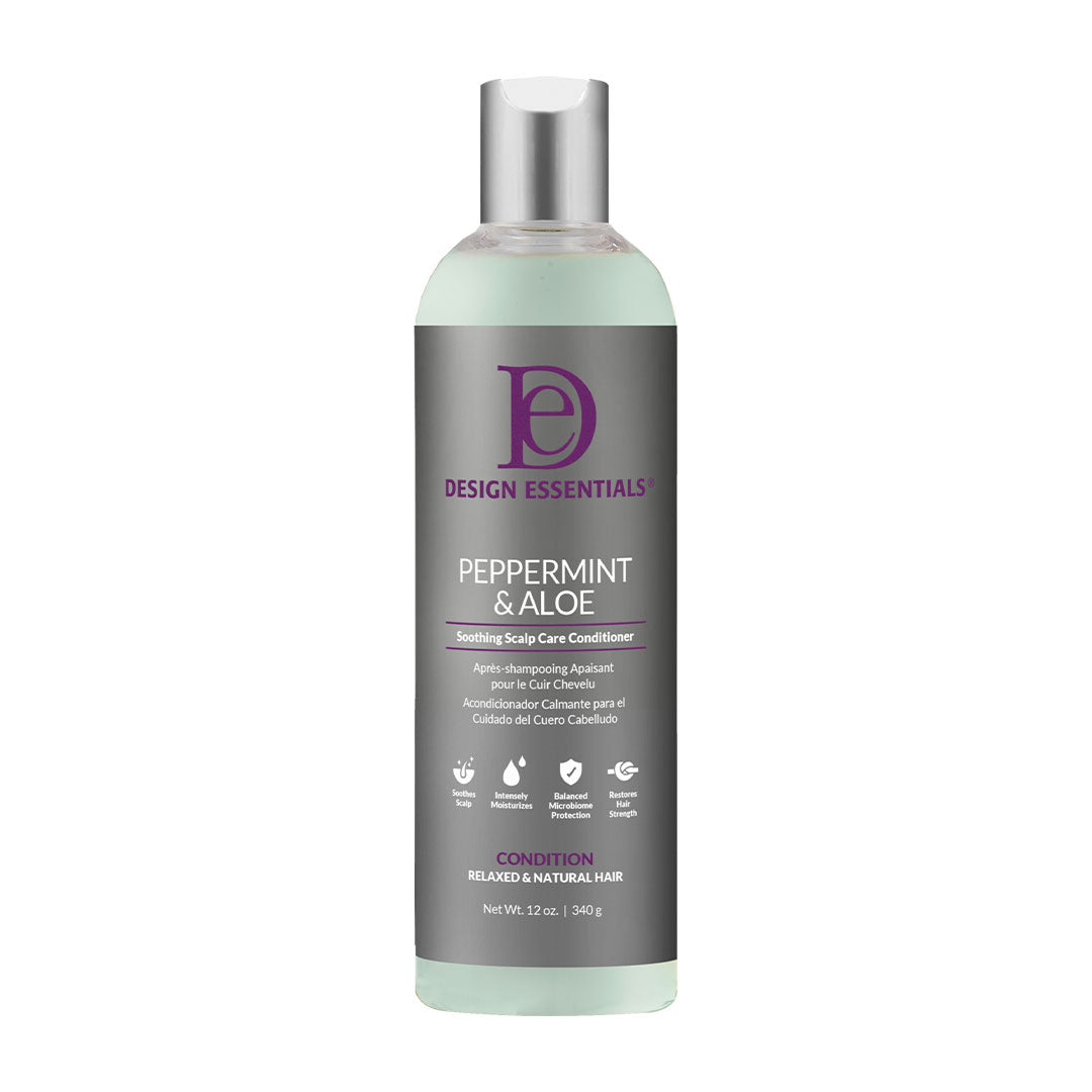 Image of the front label of Design Essentials Peppermint & Aloe Soothing Scalp Care Conditioner 12 oz bottle, a lightweight formula infused with aloe, peppermint oil, and tea tree oil to hydrate, nourish, and refresh the scalp while detangling hair for easy styling.