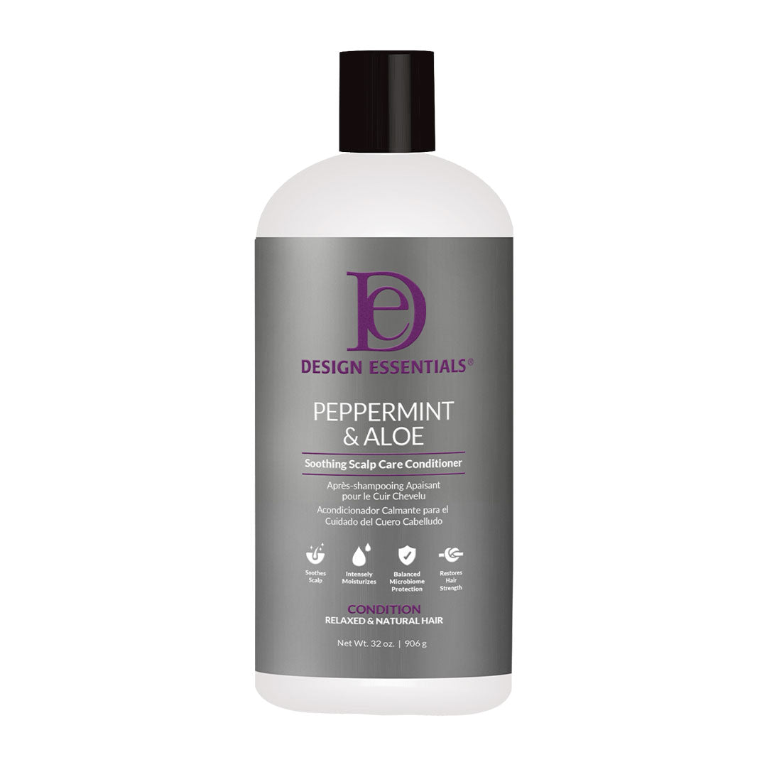Image of the front label of Design Essentials Peppermint & Aloe Soothing Scalp Care Conditioner 32 oz bottle, a lightweight formula infused with aloe, peppermint oil, and tea tree oil to hydrate, nourish, and refresh the scalp while detangling hair for easy styling.