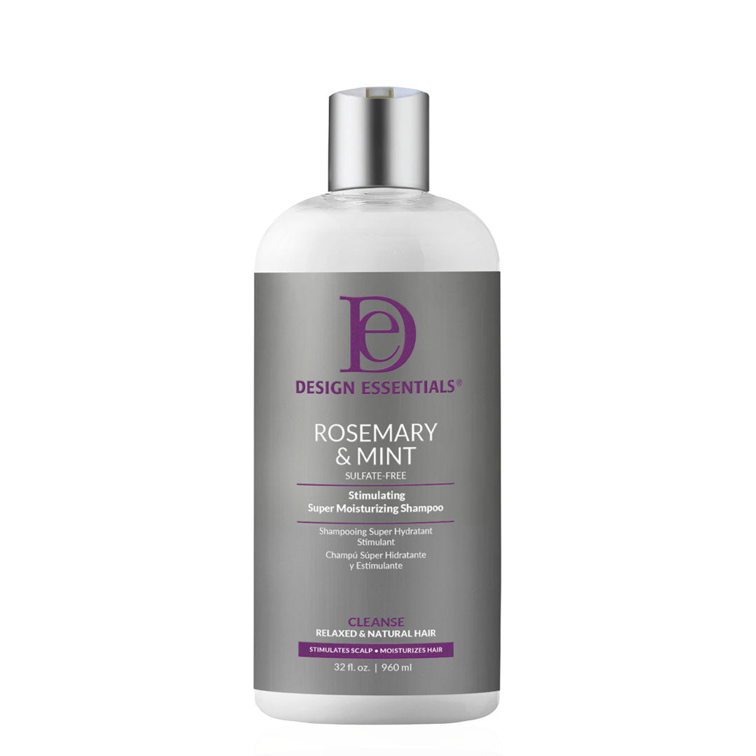 Image of the front label of Design Essentials Rosemary & Mint Stimulating Super Moisturizing Shampoo 32 fl oz. bottle, a sulfate-free formula that invigorates the scalp, deeply cleanses, and strengthens strands for reduced breakage.