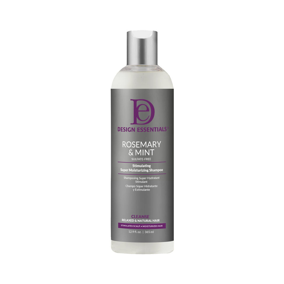 Image of the front label of Design Essentials Rosemary & Mint Stimulating Super Moisturizing Shampoo 12.9 fl oz. bottle, a sulfate-free formula that invigorates the scalp, deeply cleanses, and strengthens strands for reduced breakage.