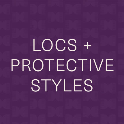 Purple square banner with text “Locs + Protective Styles” over faint comb pattern.