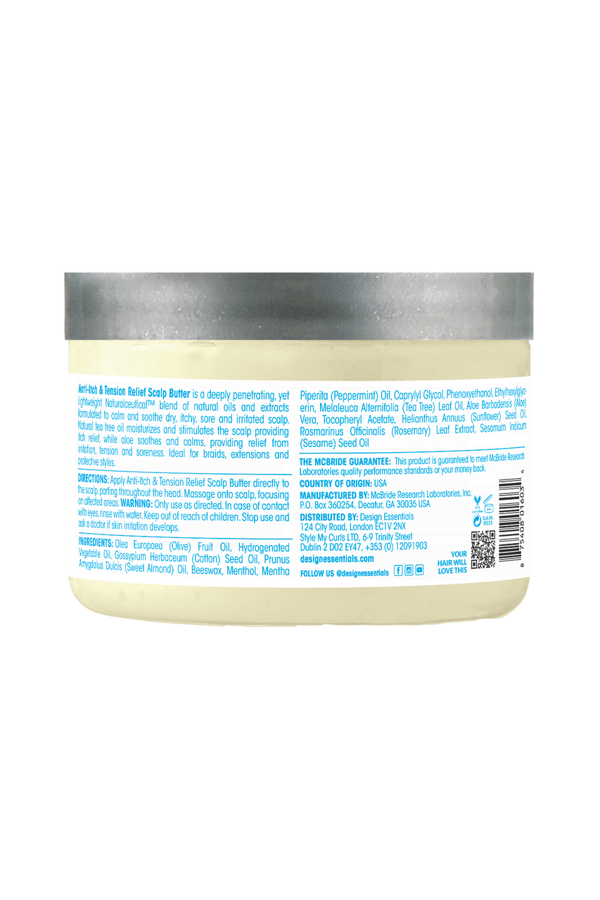 Back label of Design Essentials® Scalp Care Anti-Itch & Tension Relief Scalp Butter, showcasing ingredients and instructions for protecting hair from breakage and locking in moisture.
