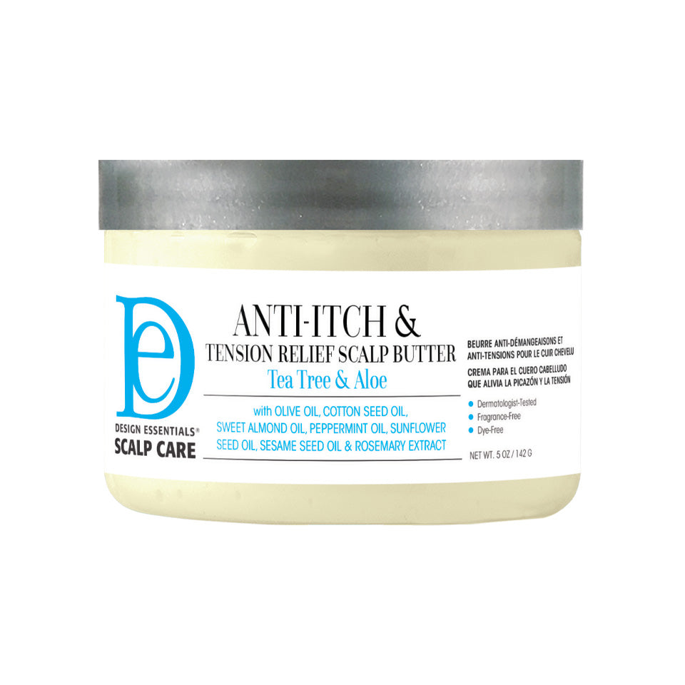 Front label of Design Essentials® Scalp Care Anti-Itch & Tension Relief Scalp Butter, infused with tea tree oil, peppermint, and aloe to calm and nourish dry scalps.