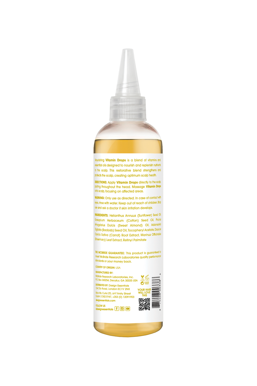 Back label of Design Essentials® Scalp Care Vitamin Drops, showcasing ingredients and directions for use to strengthen and protect the scalp.
