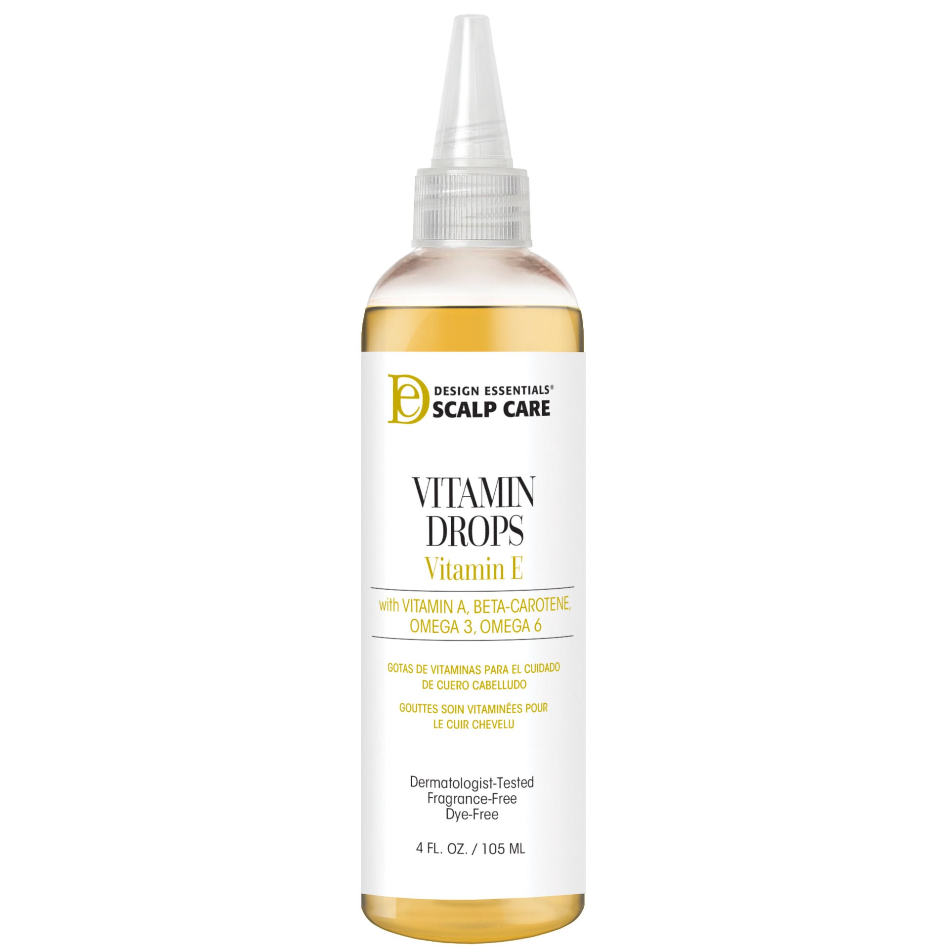 Front label of Design Essentials® Scalp Care Vitamin Drops, enriched with Vitamin E, A, and D3 to promote hair growth and restore nutrients to the scalp.