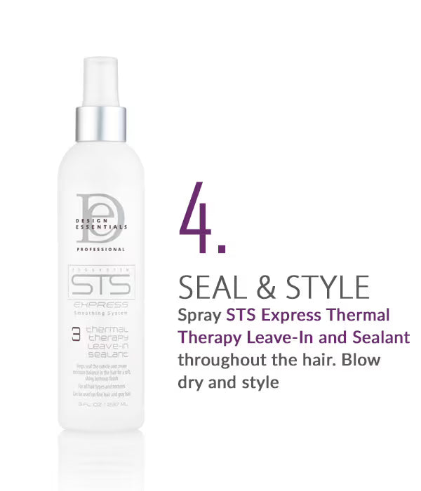 Design Essentials STS Express Thermal Therapy Leave-In and Sealant spray bottle with instructions to seal and style hair by spraying throughout before blow drying.