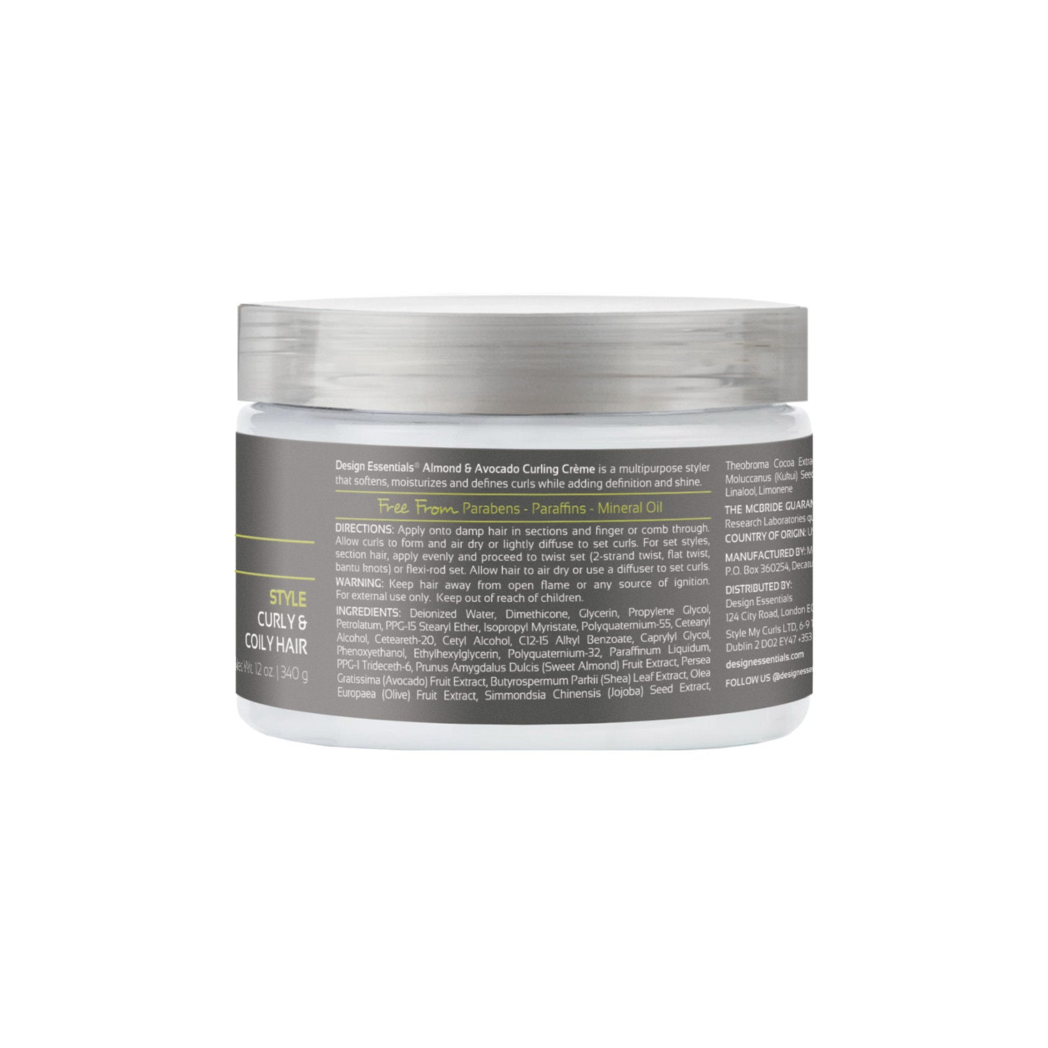 This is the back label of a 12 oz jar of Design Essentials Almond & Avocado Curling Creme with a list of ingredients and instructions for use.