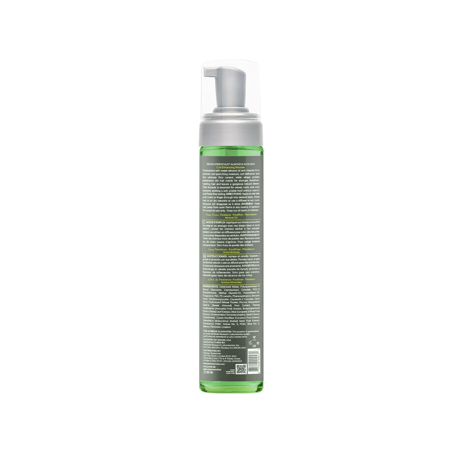 Back label of Design Essentials Almond & Avocado Curl Enhancing Mousse showing ingredient list and usage instructions.
