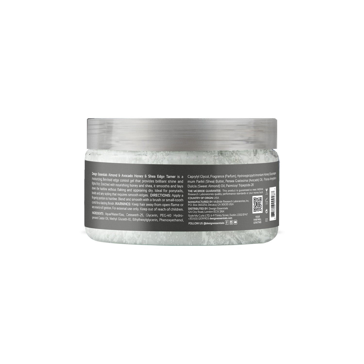 Back label of Design Essentials Almond & Avocado Honey & Shea Edge Tamer showing styling directions and ingredients.