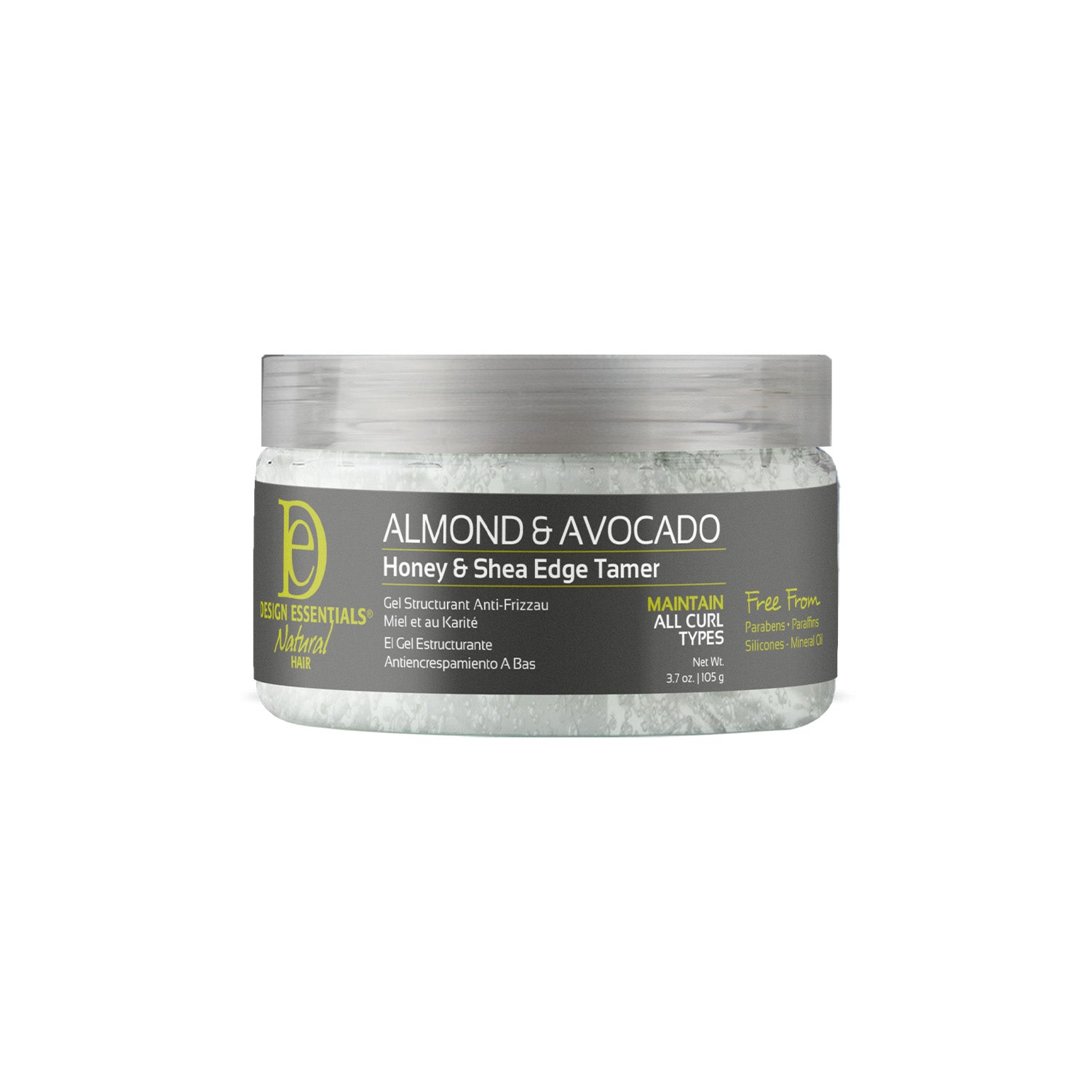 Design Essentials Almond & Avocado Honey & Shea Edge Tamer 3.7 oz jar, smooths edges, tames flyaways, and provides firm hold.