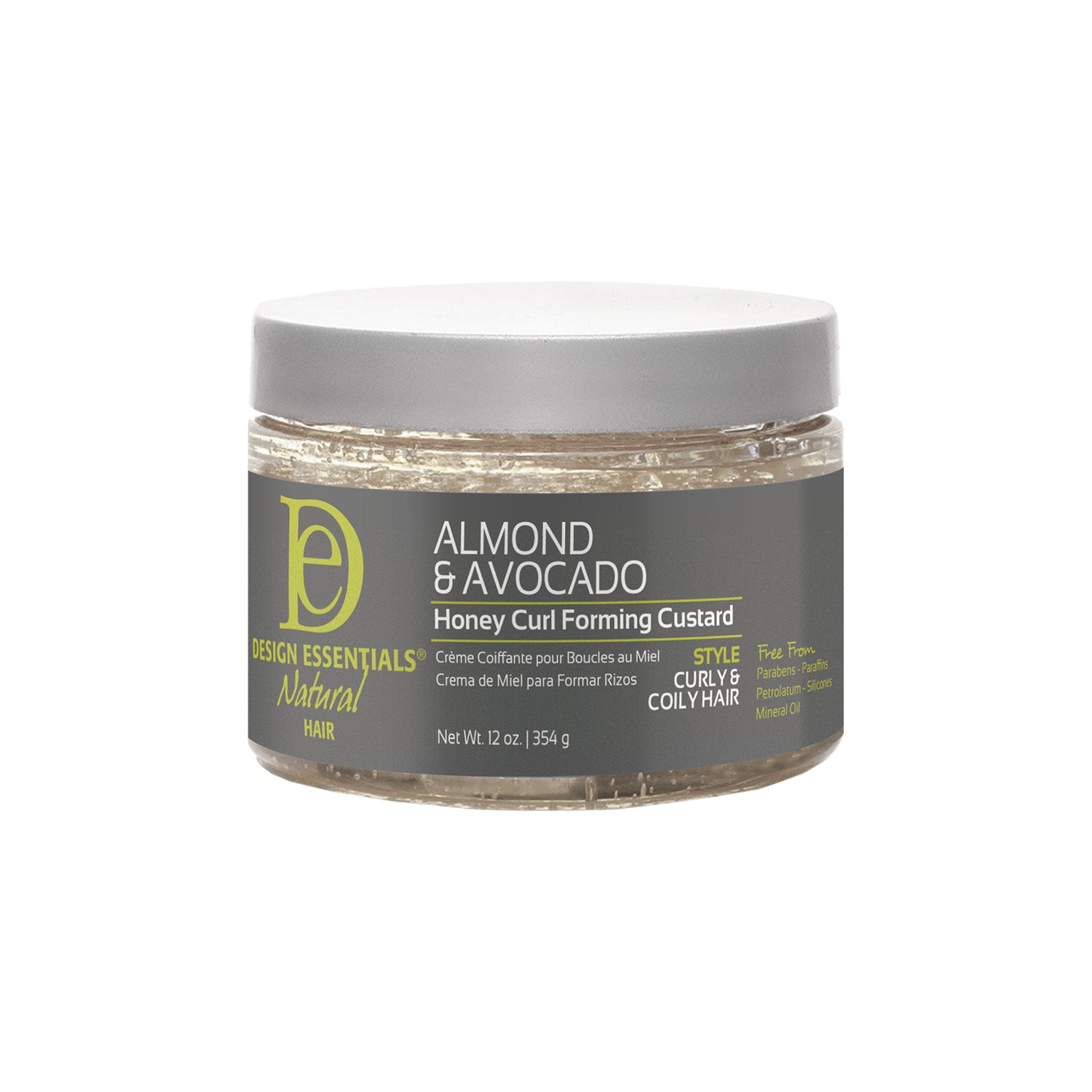 Design Essentials Almond & Avocado Curl Forming Honey Custard 12oz jar, styler that defines curls, elongates patterns, and provides lasting hold.