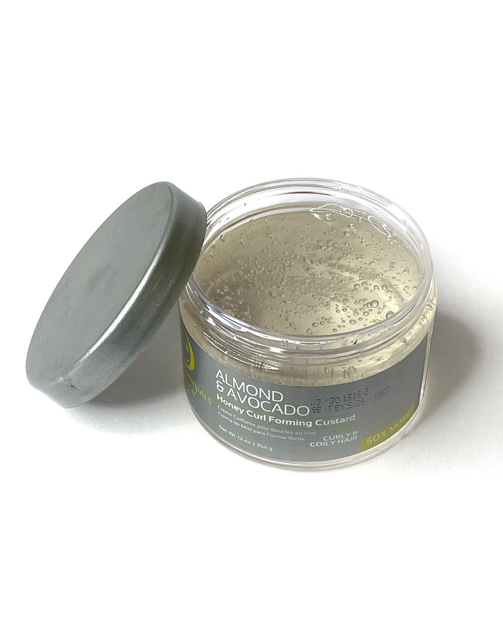 Design Essentials Almond & Avocado Curl Forming Honey Custard open 12oz jar revealing texture inside.
