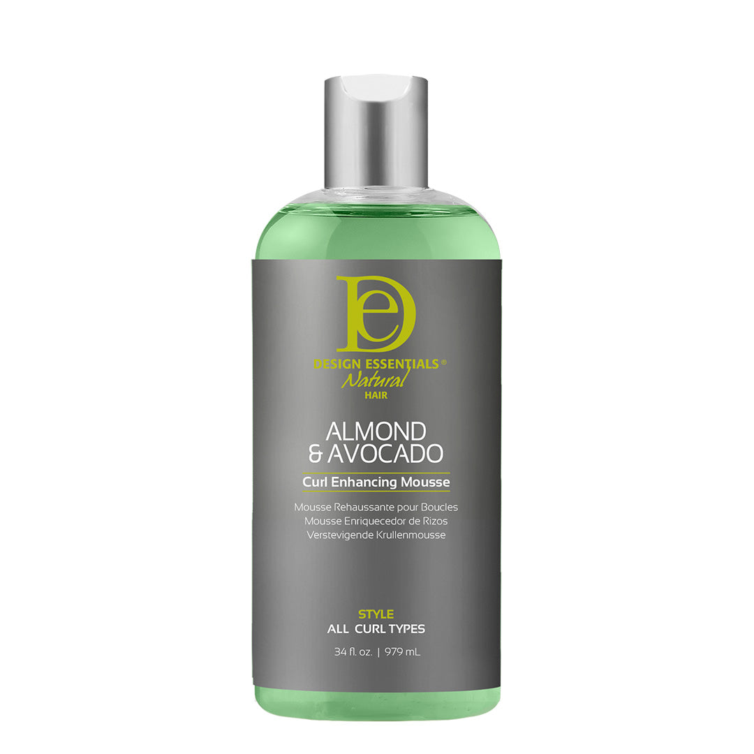 Design Essentials Almond & Avocado Curl Enhancing Mousse 34 oz bottle, lightweight foam that defines curls, reduces frizz, and adds shine.