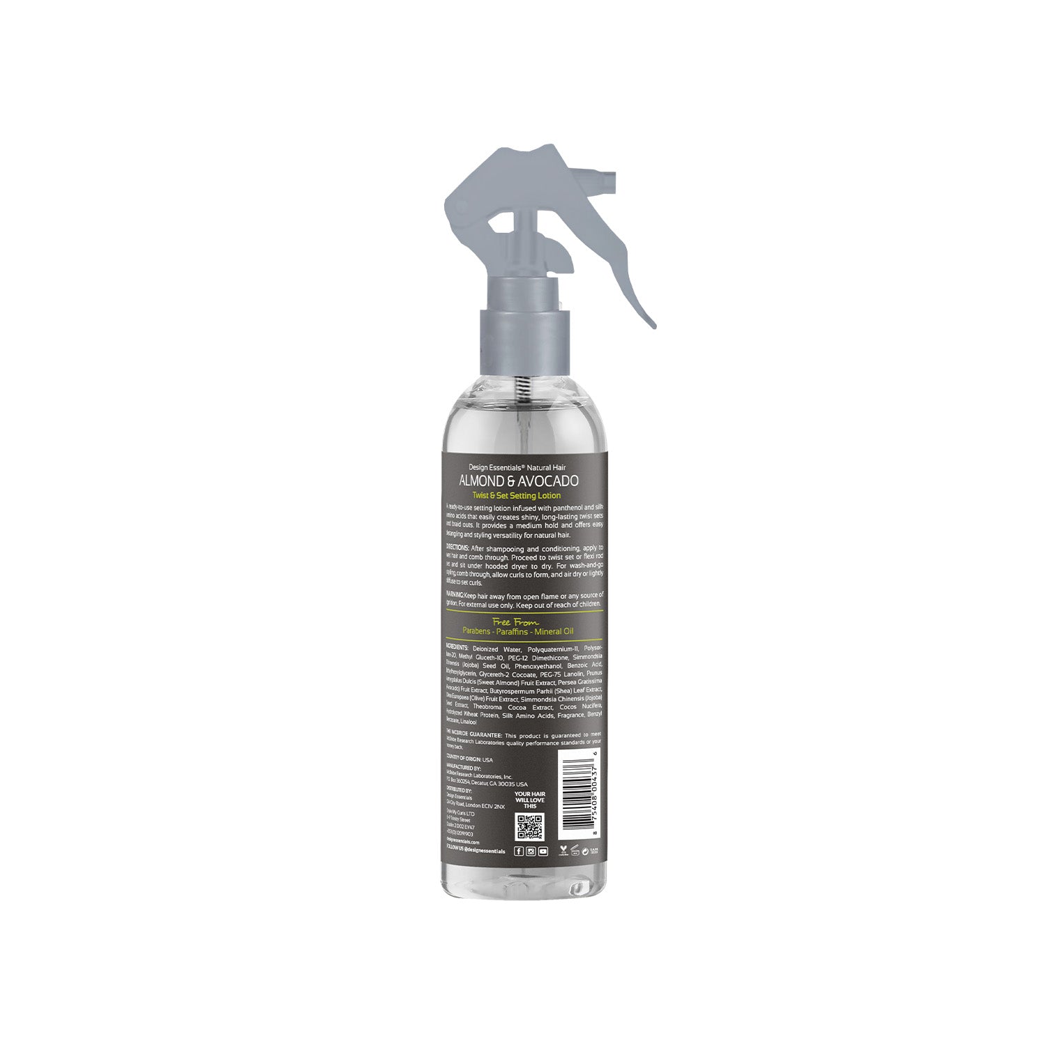 Back label of Design Essentials Almond & Avocado Twist & Set Setting Lotion with ingredients and styling instructions.