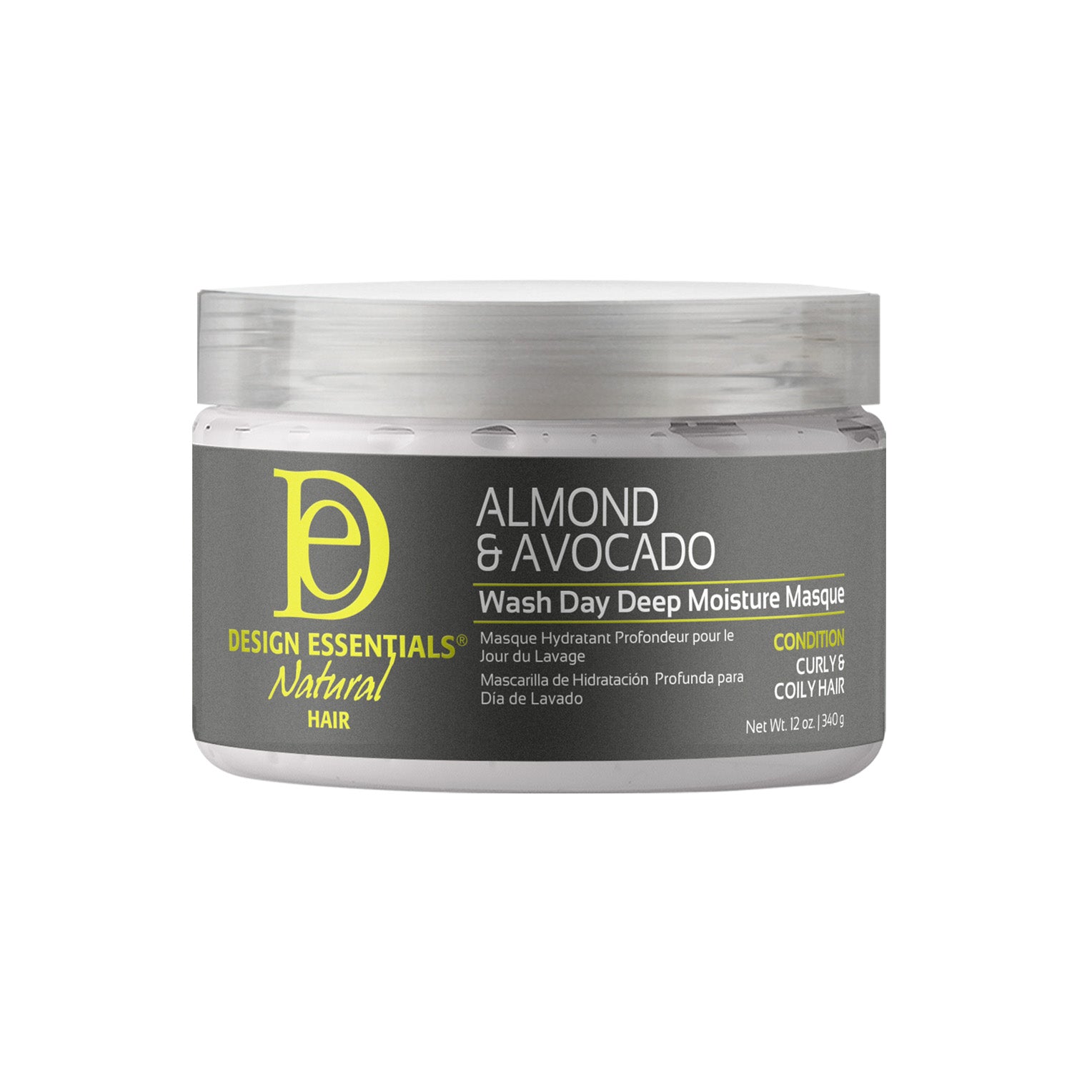 Design Essentials Almond & Avocado Wash Day Deep Moisture Masque 12oz jar, replenishing treatment to strengthen, moisturize, and detangle dry hair.