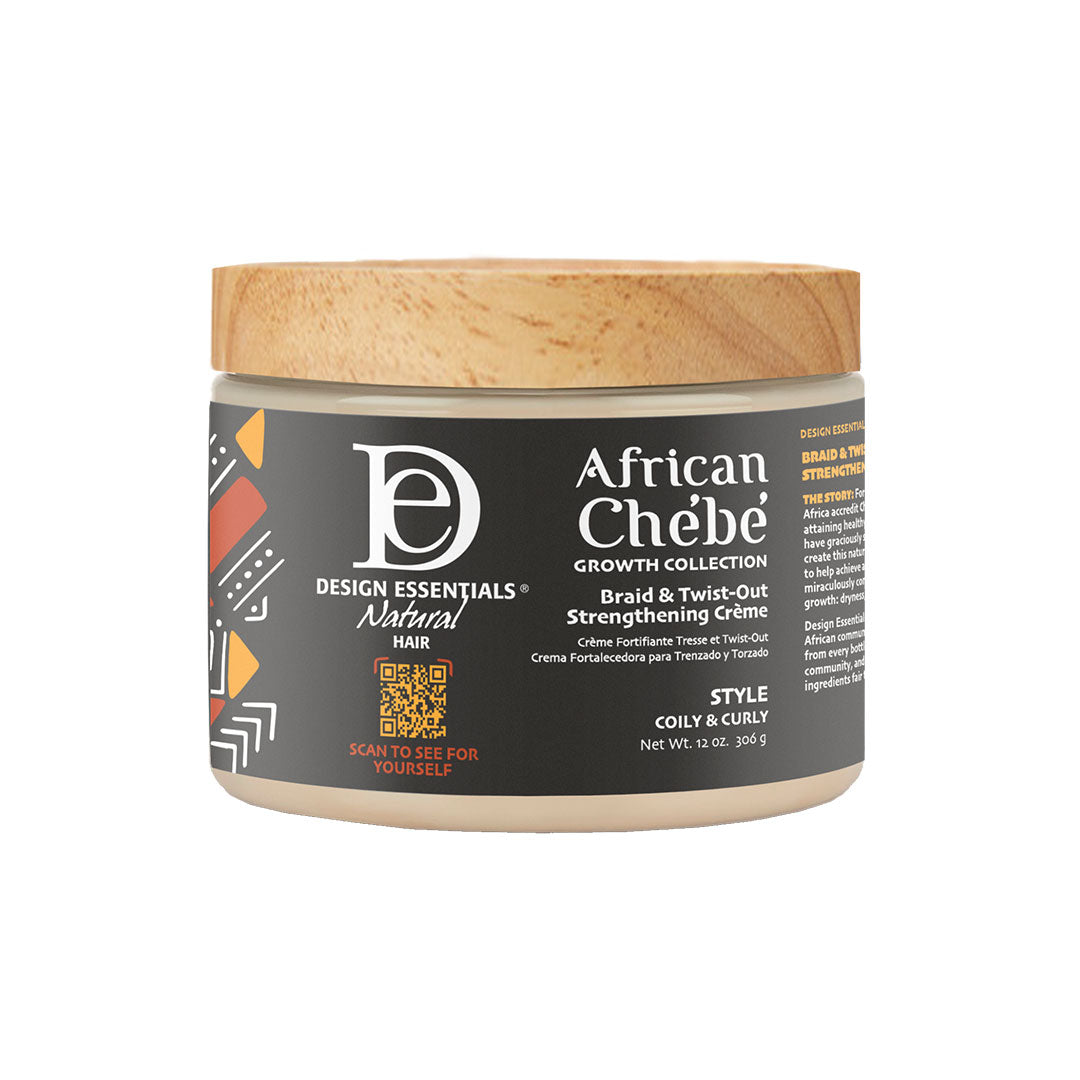 Front label of Design Essentials® African Chébé Braid & Twist-Out Strengthening Crème, infused with Chébé powder and cocoa butter for frizz-free, high-definition twist-outs and braids.