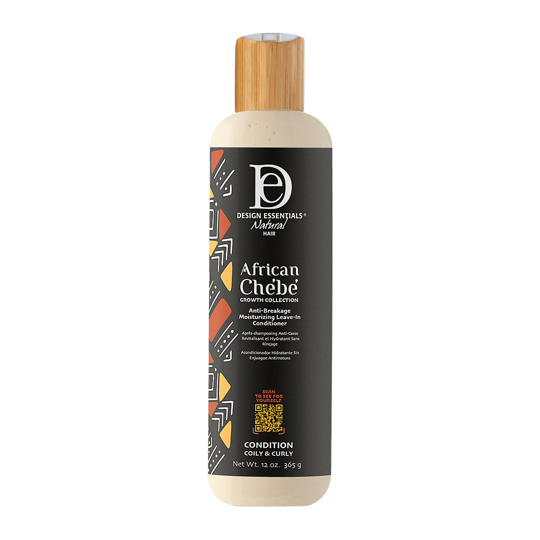Front label of Design Essentials® African Chébé Anti-Breakage Moisturizing Leave-In Conditioner, enriched with Chébé powder, shea butter, and castor oil to nourish and restore hair health.