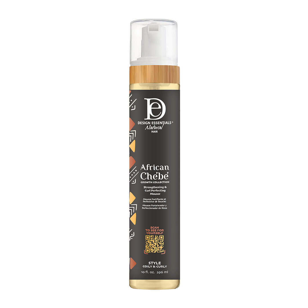 Front label of Design Essentials® African Chébé Strengthening & Curl Perfecting Mousse, formulated with Chébé powder and castor oil to define curls and lock in moisture.