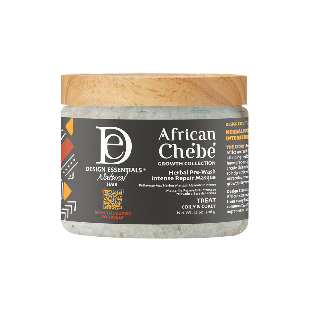Front label of Design Essentials® African Chébé Herbal Pre-Wash Intense Repair Masque, infused with Chébé powder to strengthen hair, improve porosity, and promote growth.