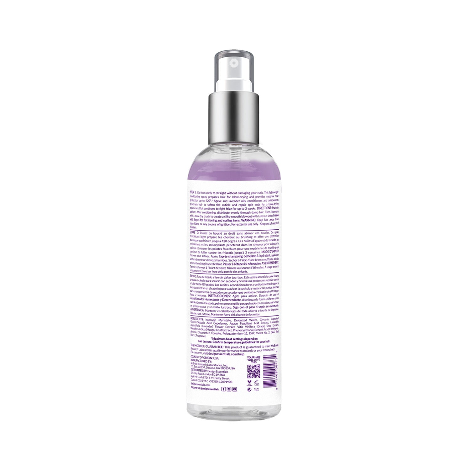 Back label of Design Essentials® Agave & Lavender Blow-Dry & Heat Shield, detailing ingredients, benefits, and usage instructions for smoother blowouts.