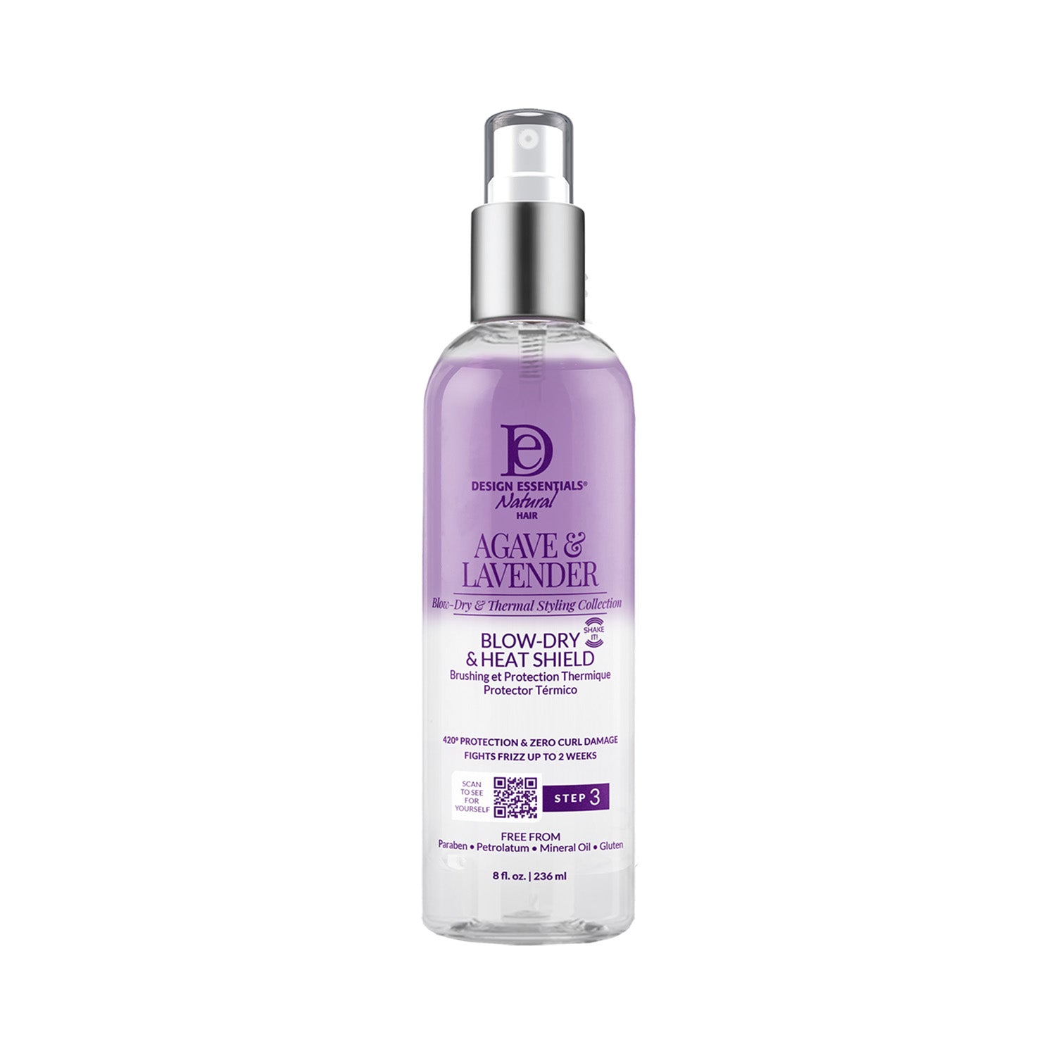 Front label of Design Essentials® Agave & Lavender Blow-Dry & Heat Shield, enriched with agave and lavender for frizz control and heat protection during blow-drying.