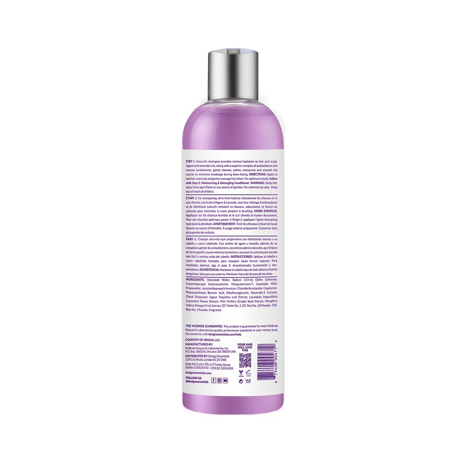 Back label of Design Essentials® Agave & Lavender Weightless Thermal Protectant Serum, featuring detailed ingredients and usage instructions for thermal styling.