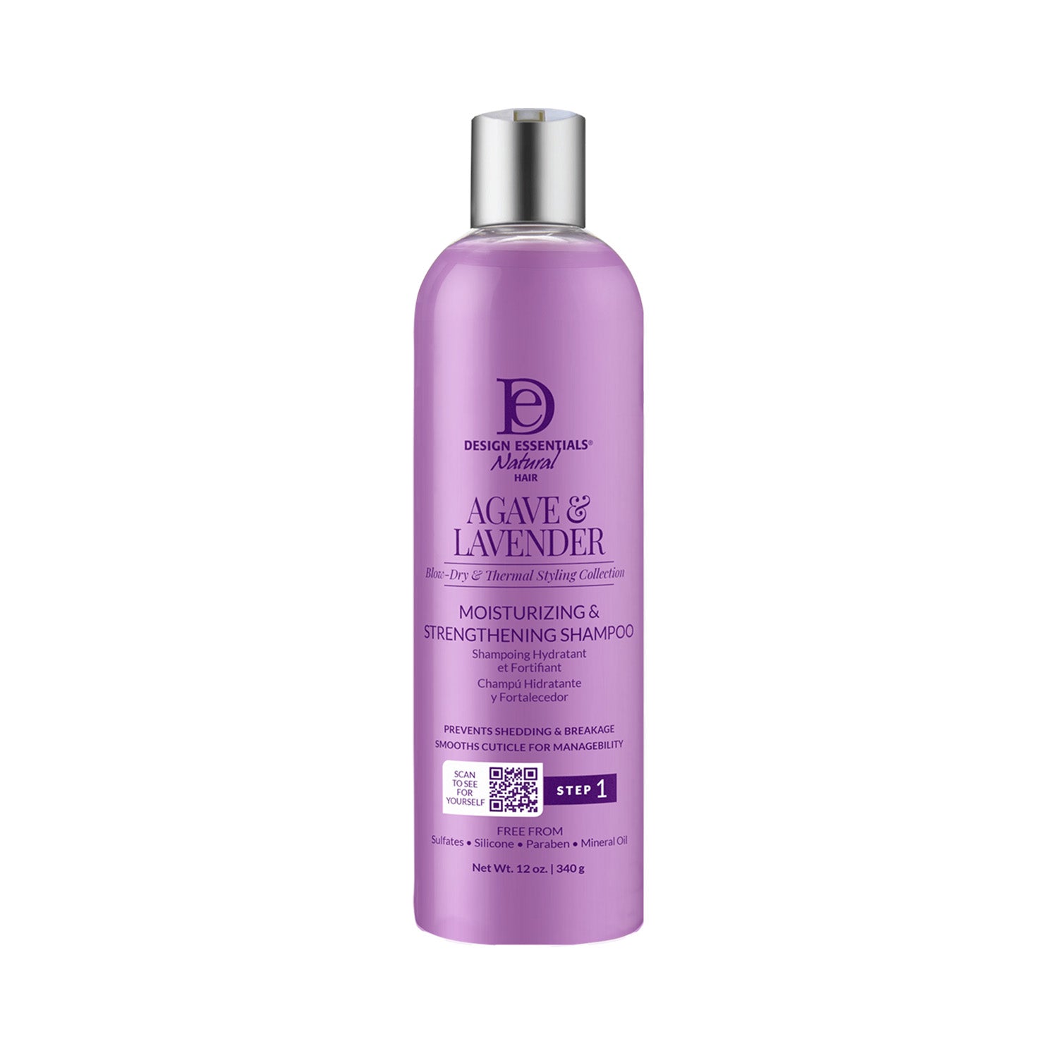 Front label of Design Essentials® Agave & Lavender Weightless Thermal Protectant Serum, formulated with agave and lavender for superior heat protection up to 420°F