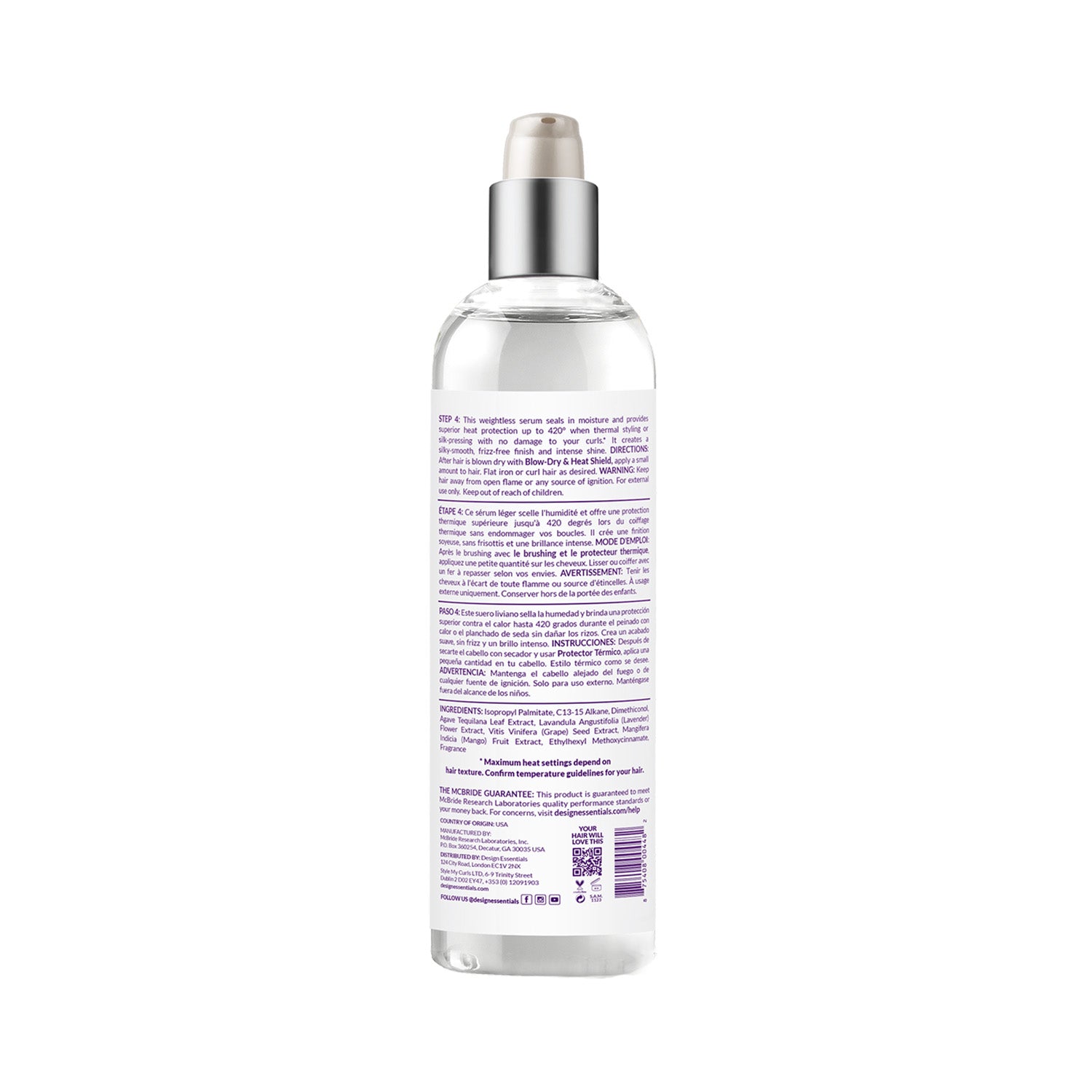 Back label of Design Essentials® Agave & Lavender Weightless Thermal Protectant Serum, featuring detailed ingredients and usage instructions for thermal styling.