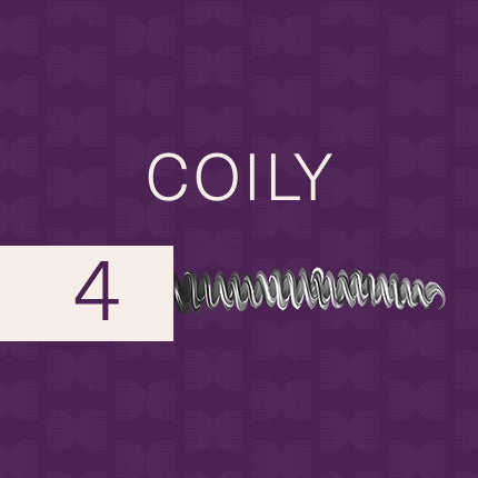 Purple square banner with white text “Coily” with the number 4 and an illustration of a strand of coily hair over  a faint comb pattern on a purple background.