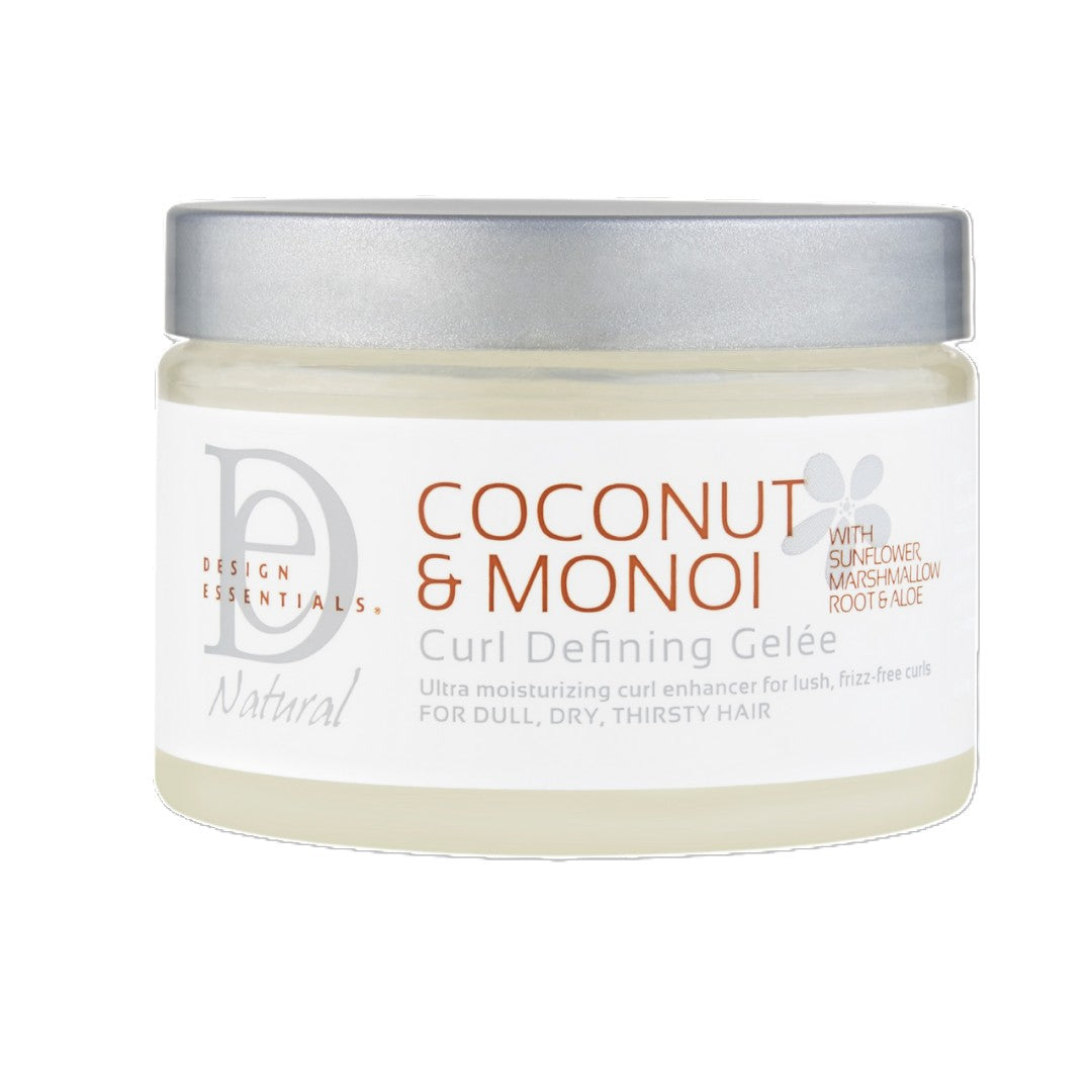 Front label of Design Essentials® Coconut & Monoi Curl Defining Gelée, formulated to enhance curls and coils with frizz-free definition, moisture retention, and shine.