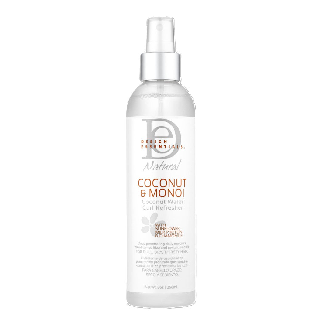 Front label of Design Essentials® Coconut & Monoi Coconut Water Curl Refresher, infused with coconut water, chamomile, and wild cherry to revitalize and hydrate curls.