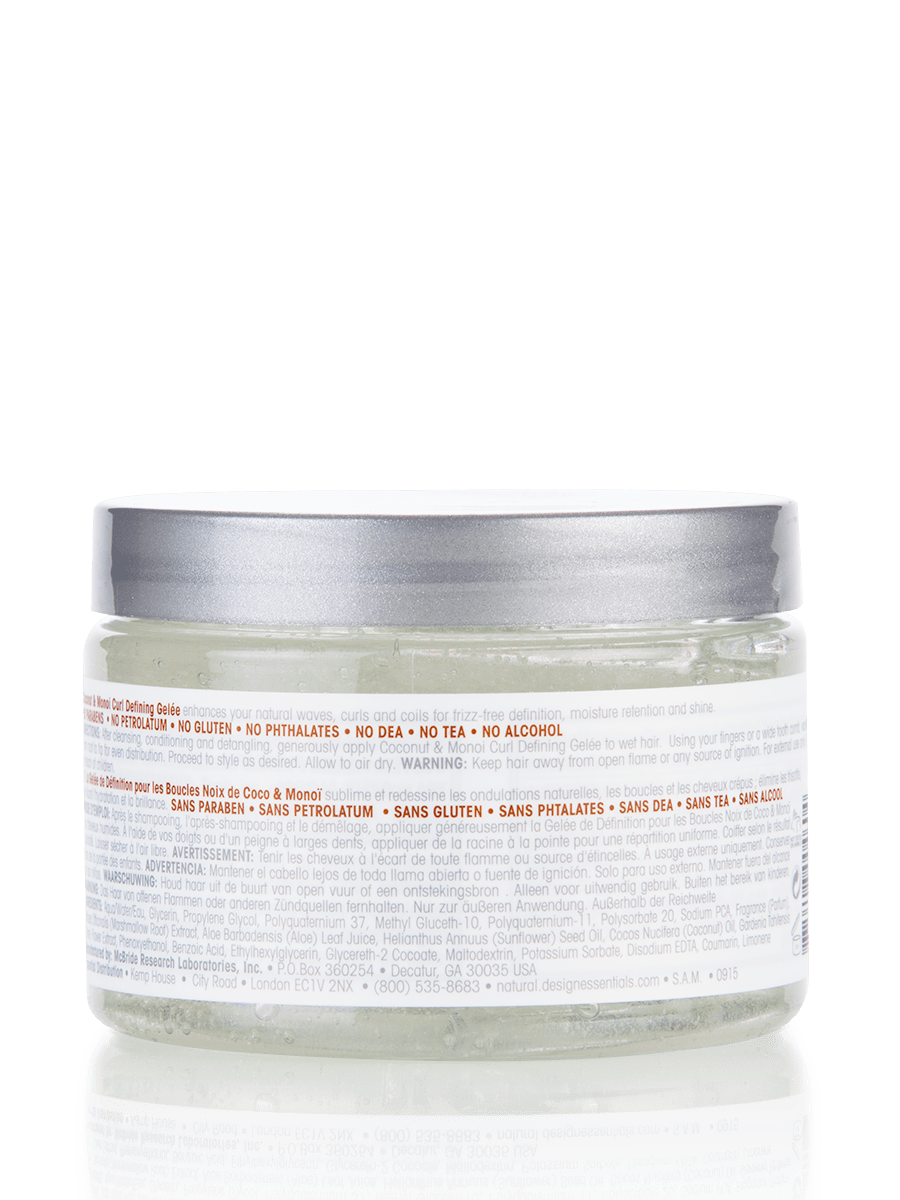 Back label of Design Essentials® Coconut & Monoi Curl Defining Gelée, showcasing ingredients and directions for achieving defined twist-outs, finger coils, and wash-and-go styles.
