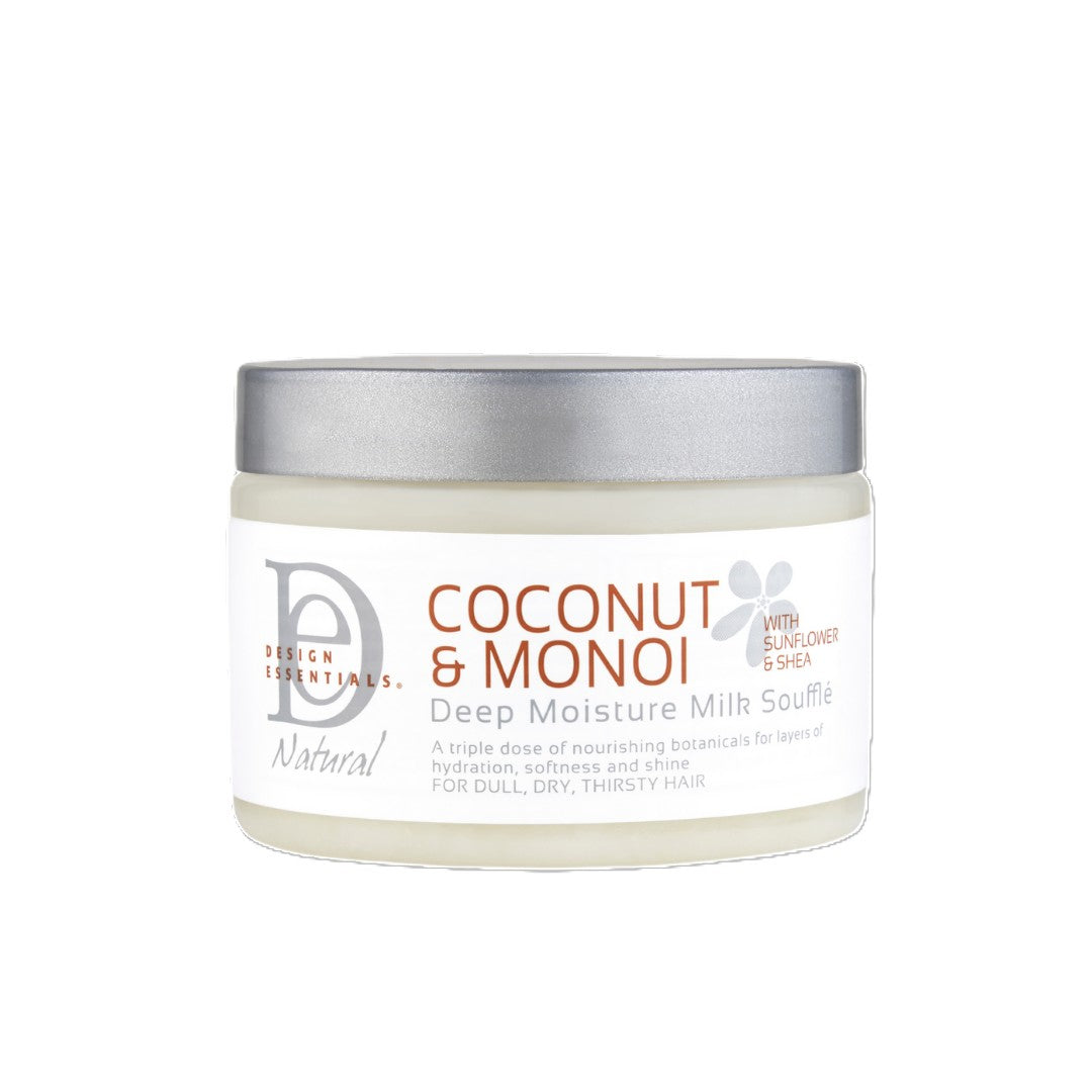 Front label of Design Essentials® Coconut & Monoi Deep Moisture Milk Soufflé, a nourishing styler designed to hydrate and define curls with coconut, monoi, and shea butter.