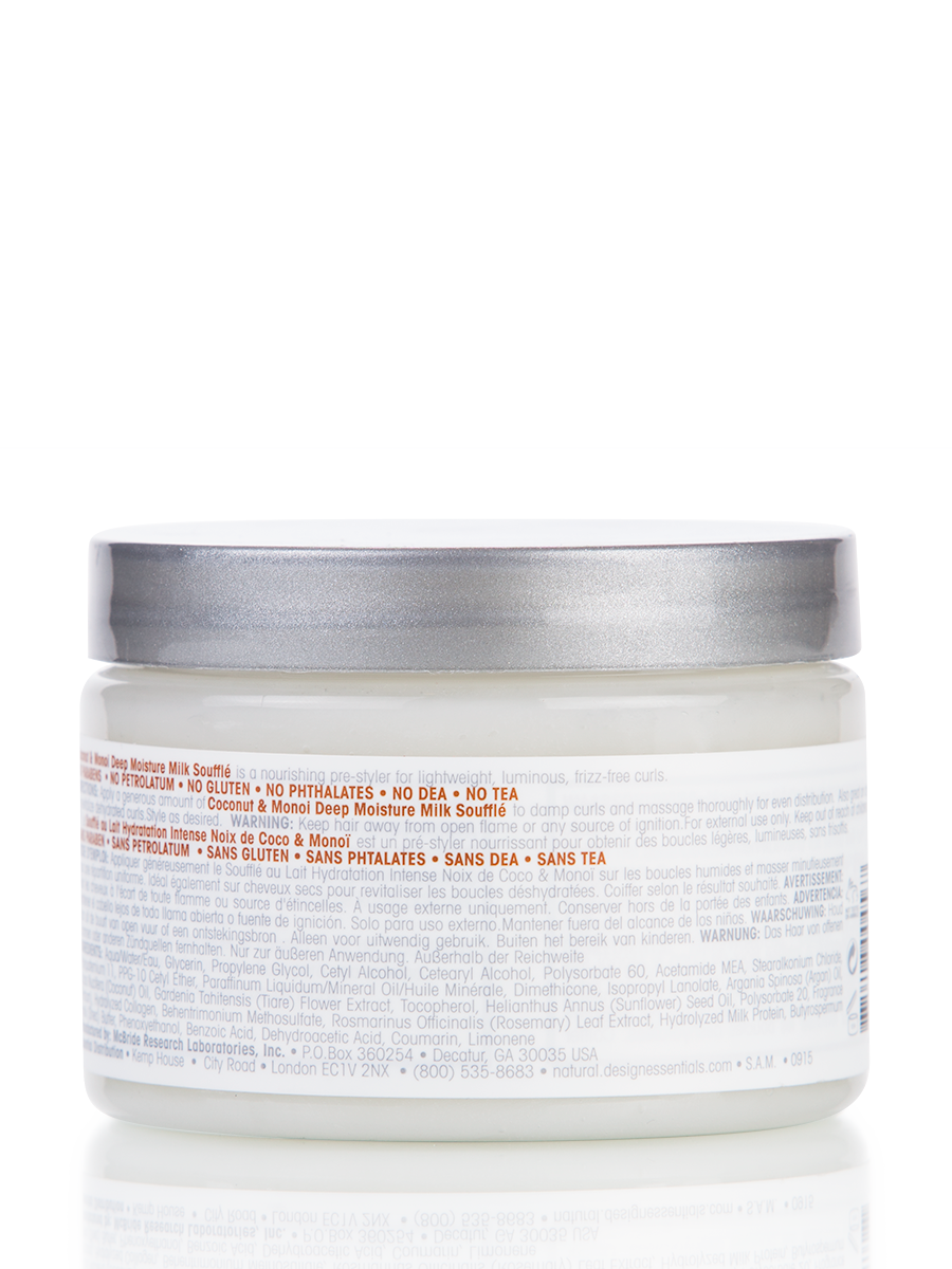 Back label of Design Essentials® Coconut & Monoi Deep Moisture Milk Soufflé, detailing ingredients and usage instructions for delivering lightweight, frizz-free curls.