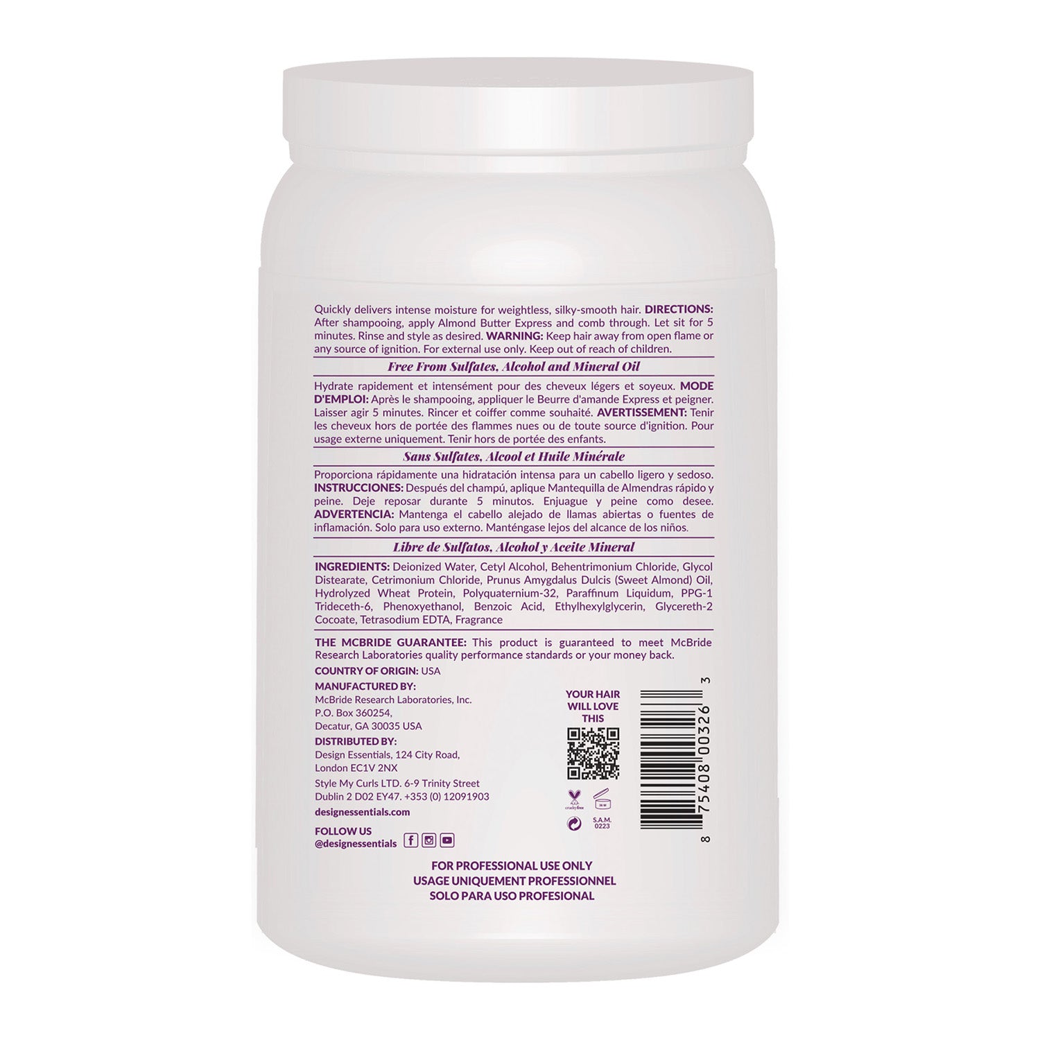 Almond Butter Express Instant Moisturizing Conditioner 64oz- Back of Label