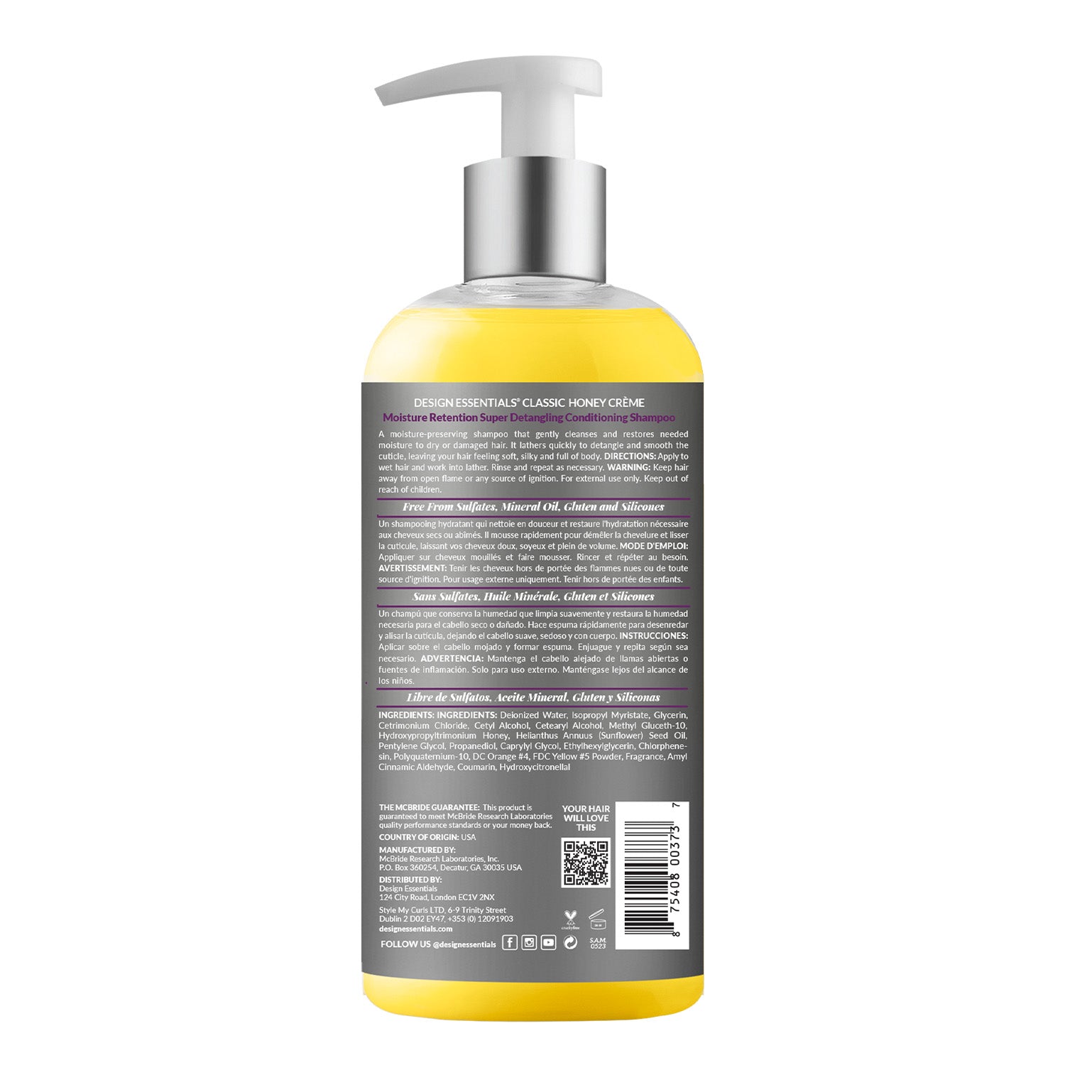 Honey Creme Moisture Retention Super Detangling Conditioning Shampoo 32oz- Back of Label