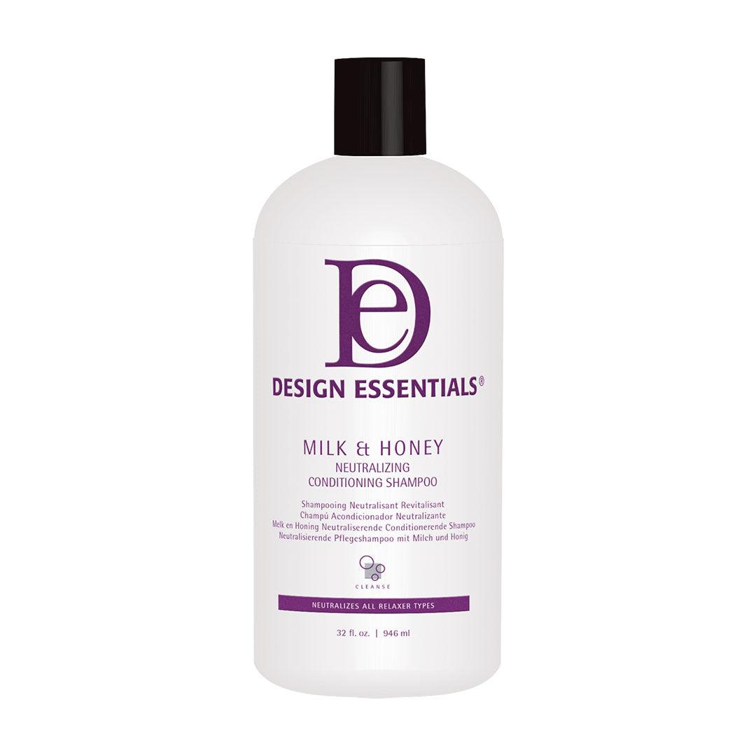 Design Essentials Milk & Honey Neutralizing Conditioning Shampoo bottle, 32oz bottle. Designed to neutralize relaxers, restore pH balance, and condition hair with HydraStrength Vitamin & Protein Complex.