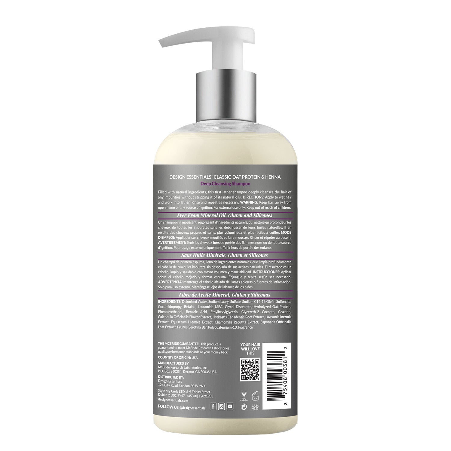 Oat Protein & Henna Deep Cleansing Shampoo 32oz- Back of Label