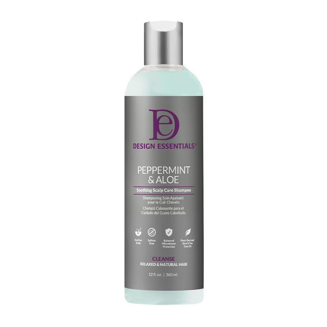 Image of the front label of Design Essentials Peppermint & Aloe Soothing Scalp Care Shampoo 12 fl oz. bottle, an advanced formula infused with aloe and tea tree oil to gently cleanse, soothe dry scalps, and maintain natural moisture balance.