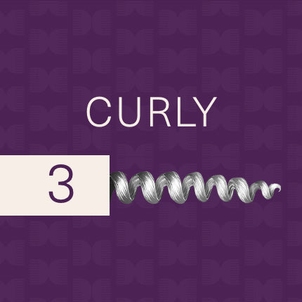 Purple square banner with white text “Curly” with the number 3 and an illustration of a strand of curly hair over  a faint comb pattern on a purple background.