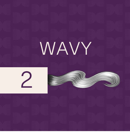 Purple square banner with white text “Wavy” with the number 2 and an illustration of a strand of wavy hair over  a faint comb pattern on a purple background.
