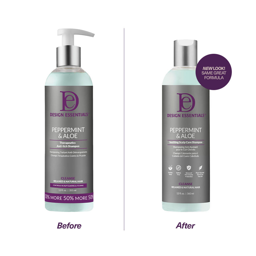 Image of the new front label of Design Essentials Peppermint & Aloe Soothing Scalp Care Shampoo 12 fl oz. bottle, an advanced formula infused with aloe and tea tree oil to gently cleanse, soothe dry scalps, and maintain natural moisture balance.
