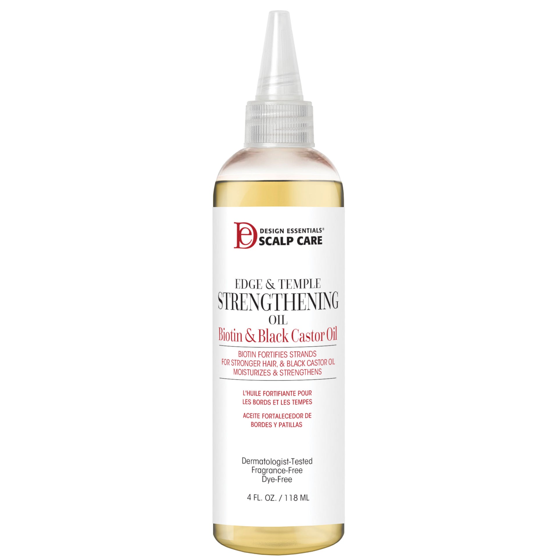 Front label of Design Essentials® Scalp Care Edge & Temple Strengthening Oil, infused with black castor oil, biotin, and peppermint to repair and strengthen hair along the hairline.