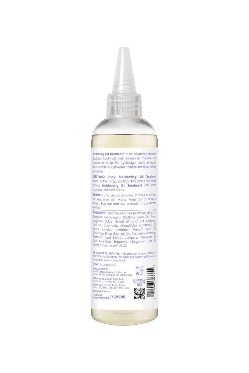 Back label of Design Essentials® Scalp Care Moisturizing Oil Treatment with Lavender & Marula, featuring ingredients and instructions for improving scalp elasticity and moisture.
