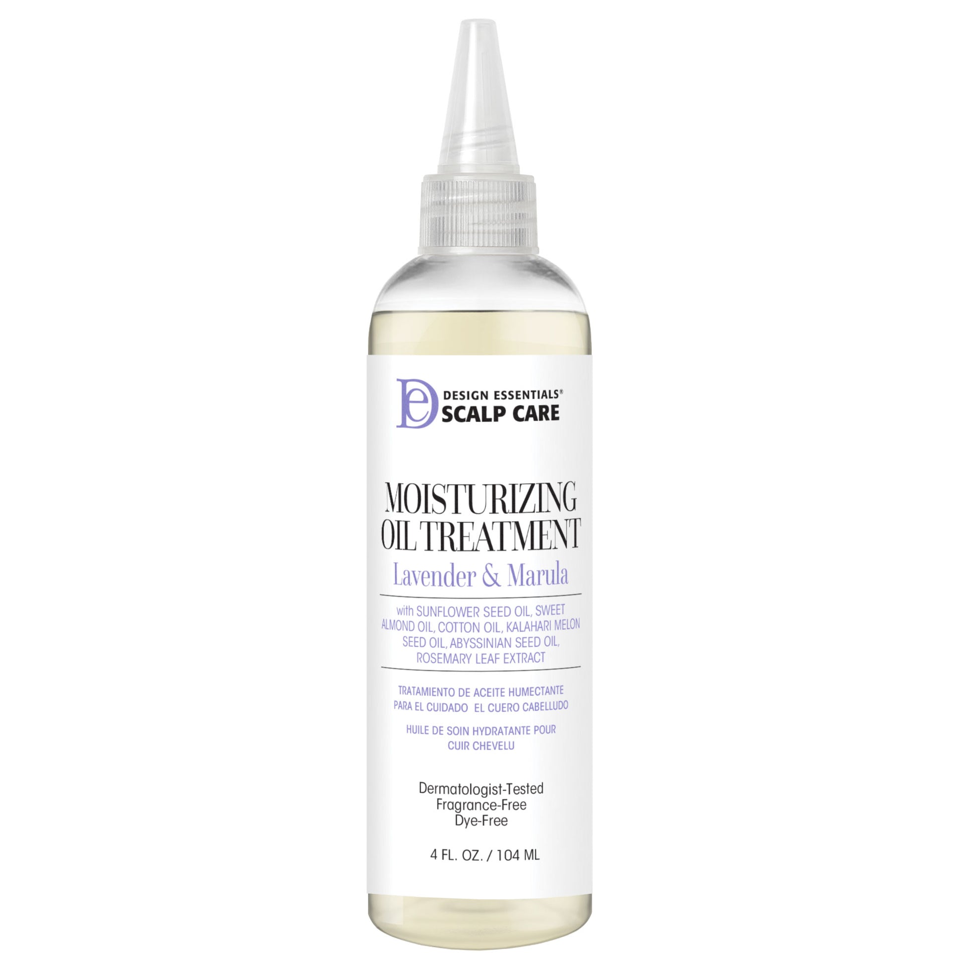 Front label of Design Essentials® Scalp Care Moisturizing Oil Treatment with Lavender & Marula, designed to hydrate and nourish the scalp while promoting healthy hair growth.