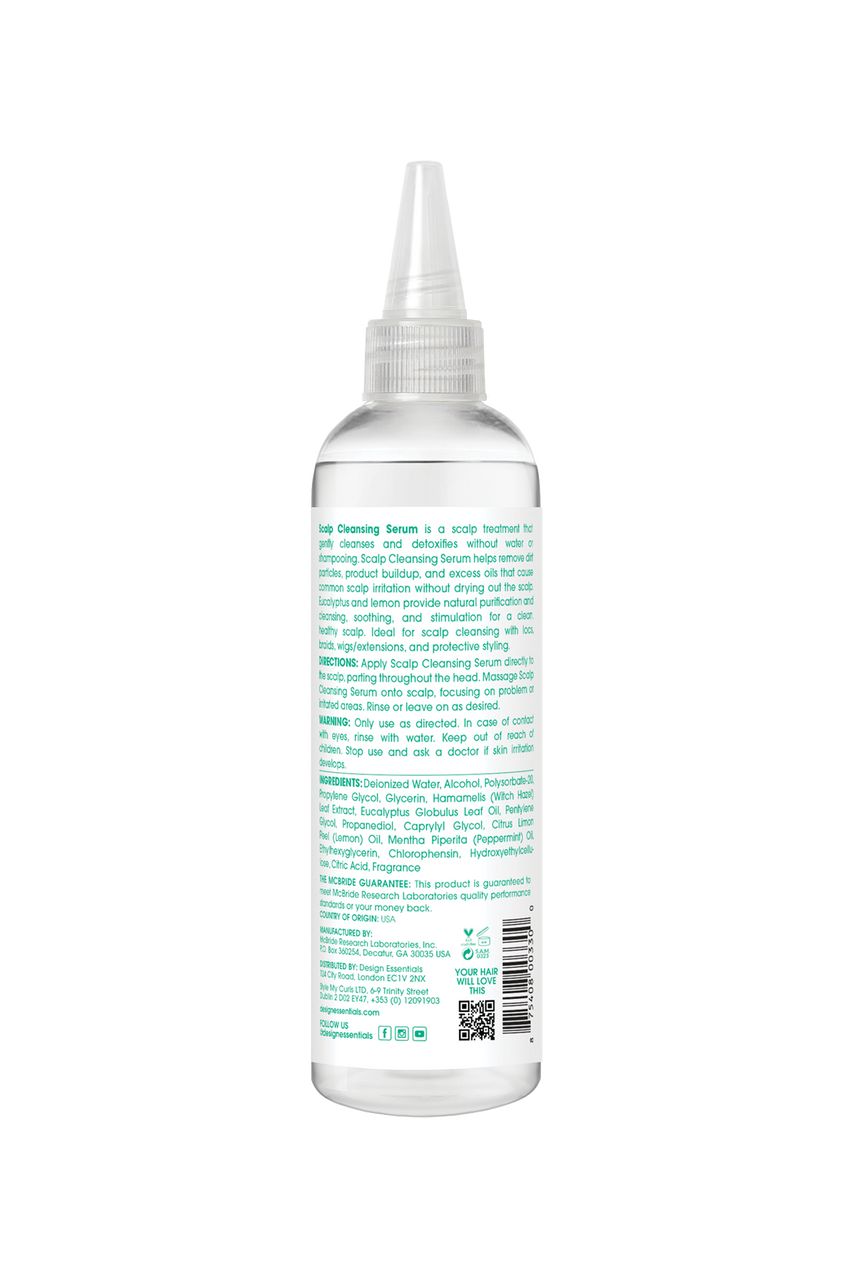 Back label of Design Essentials® Scalp Care Scalp Cleansing Serum, detailing ingredients and usage instructions for removing buildup and soothing scalp irritation.