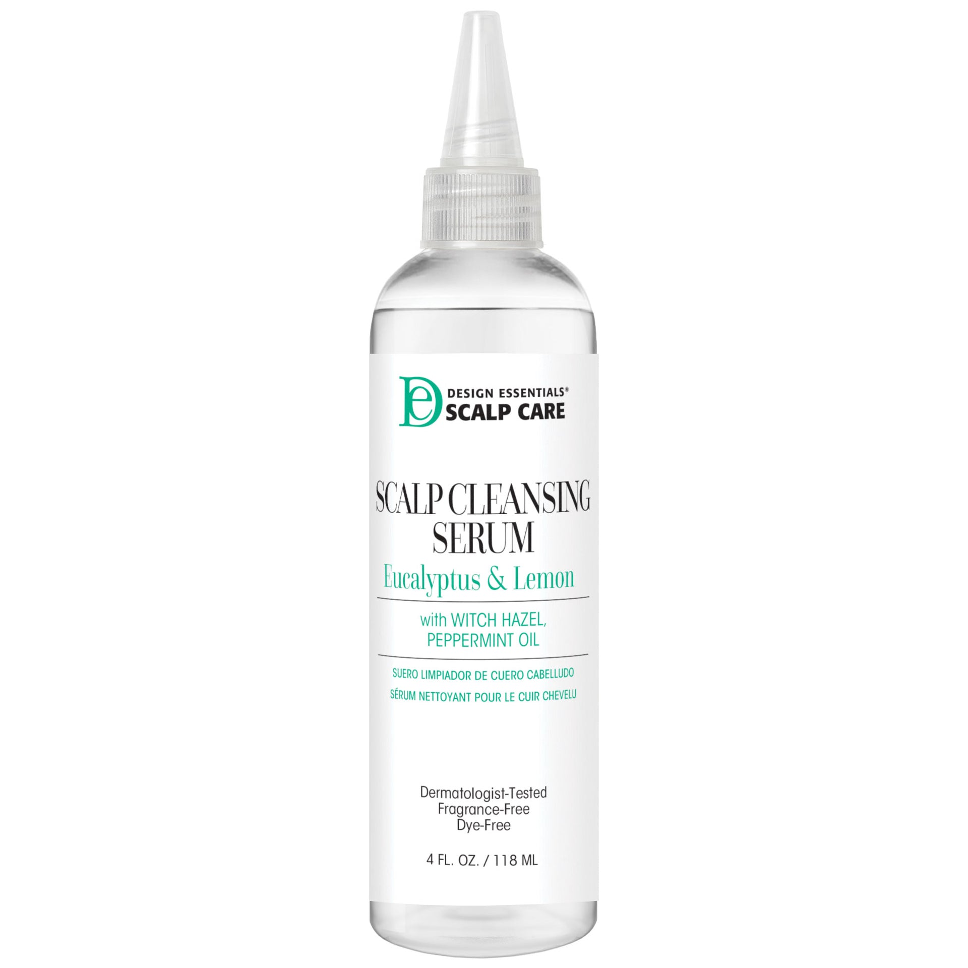 Front label of Design Essentials® Scalp Care Scalp Cleansing Serum, infused with eucalyptus and lemon to detoxify and cleanse the scalp without water or shampooing.
